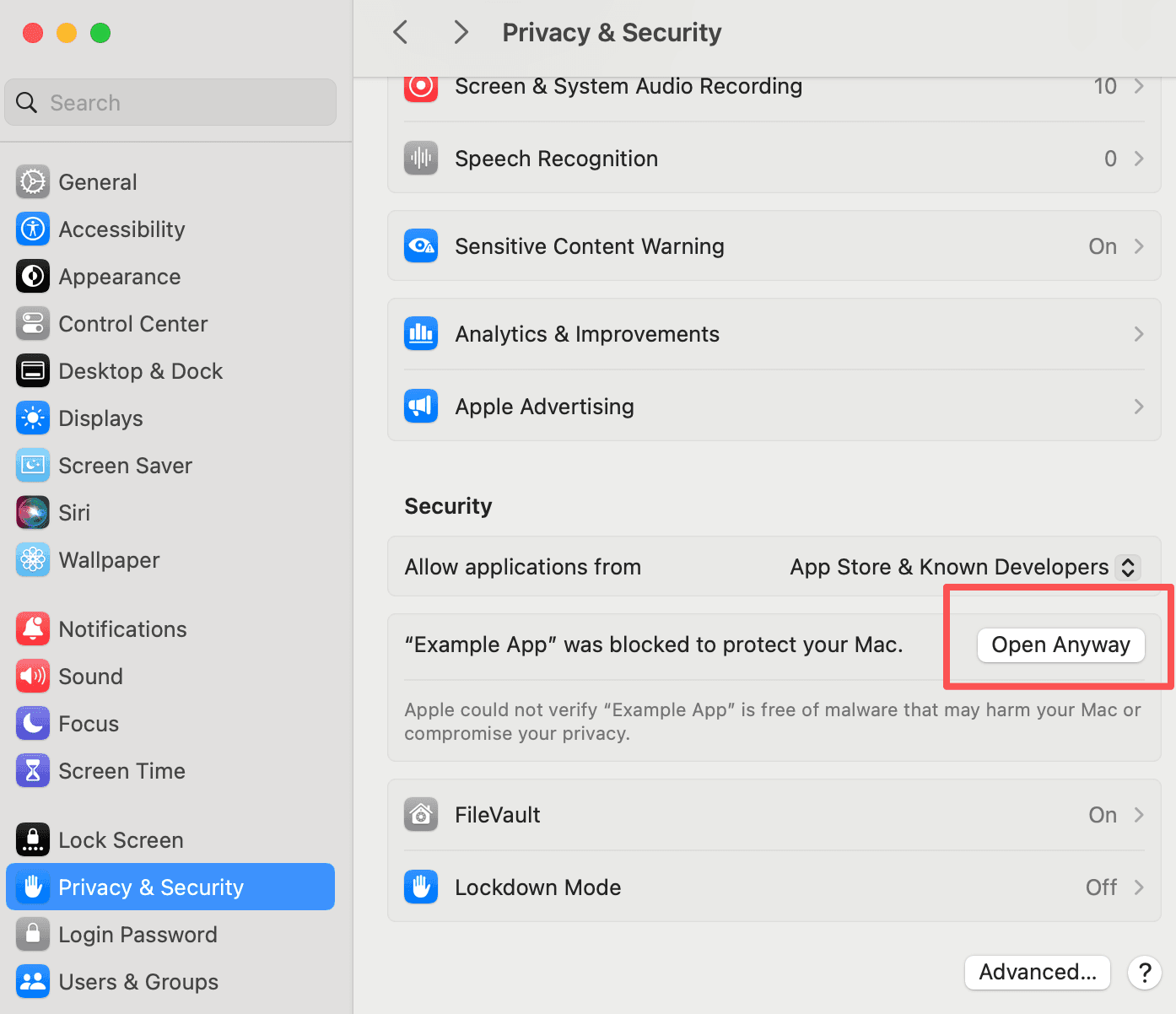 macOS Privacy & Security showing how to allow TraceVid to open